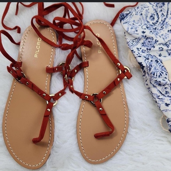 New🌟Anthropologie Pilcro Harness Tie Up Sandals Gladiator Leather-Red - Picture 6 of 10
